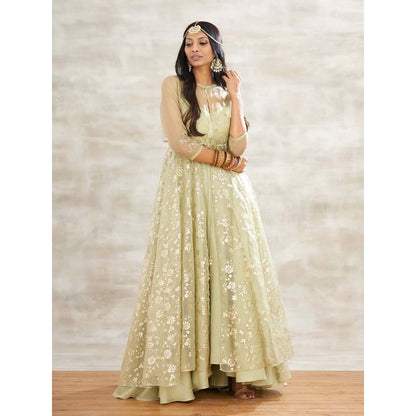 MANDIRA WIRK Green Embellished Gown with Jacket and Chudidar (Set of 3)