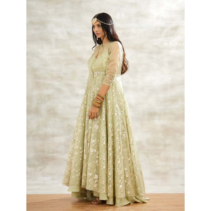MANDIRA WIRK Green Embellished Gown with Jacket and Chudidar (Set of 3)