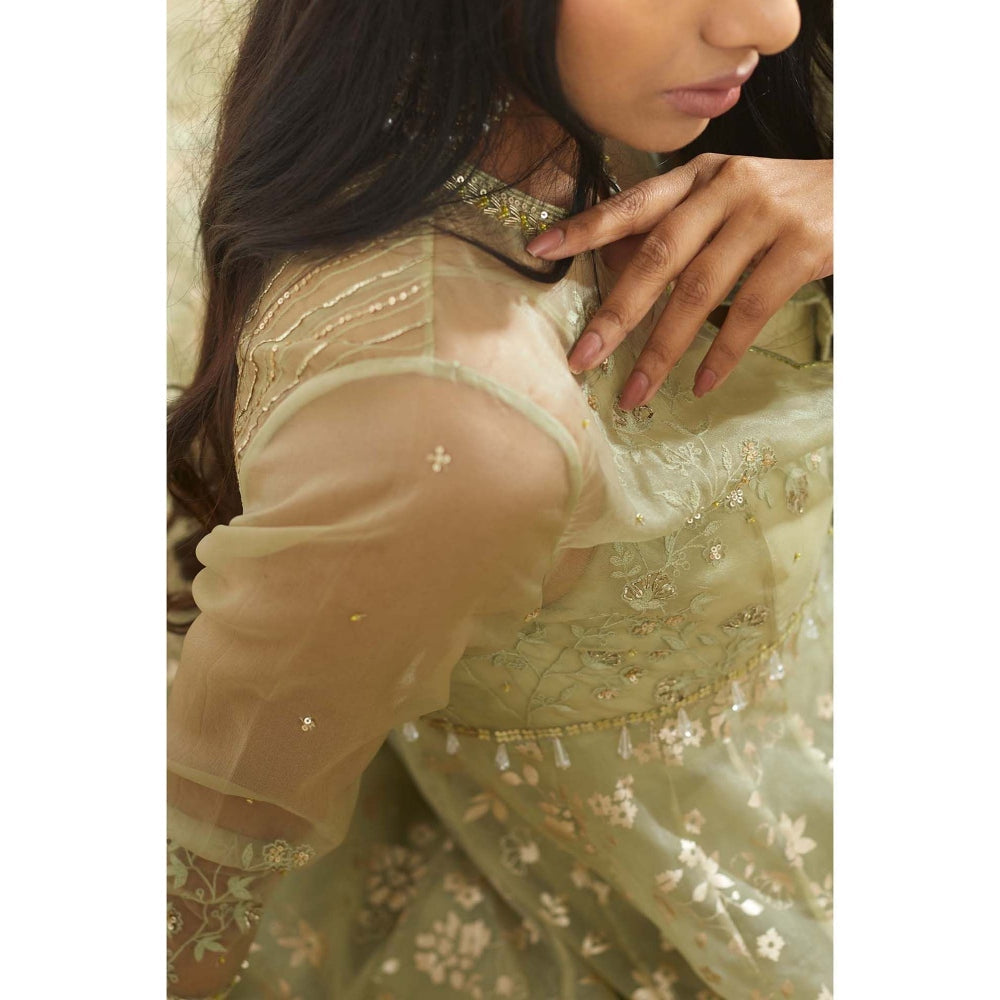 MANDIRA WIRK Green Embellished Gown with Jacket and Chudidar (Set of 3)