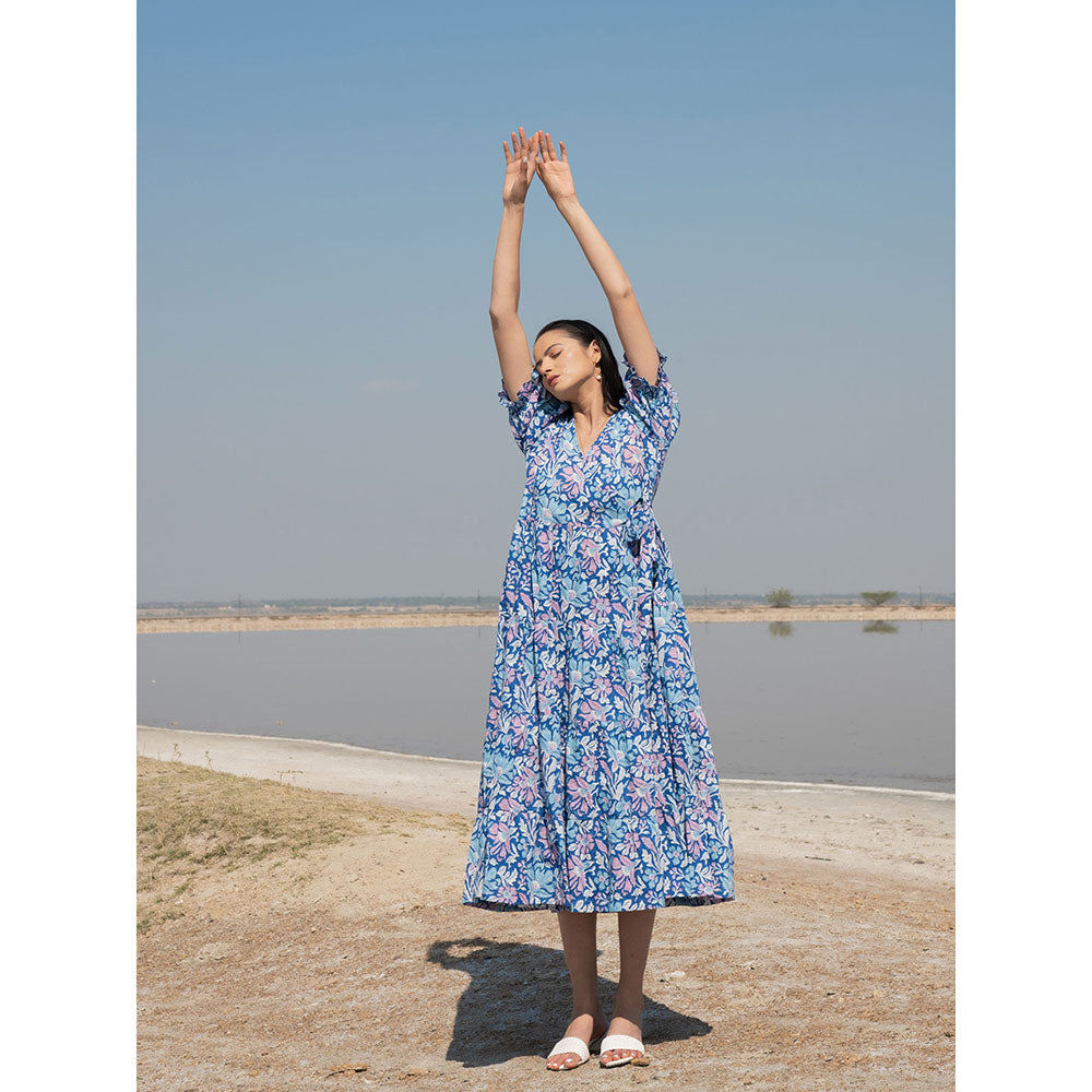 MARCHE Blue Lagoon Hand Block Printed Midi Dress