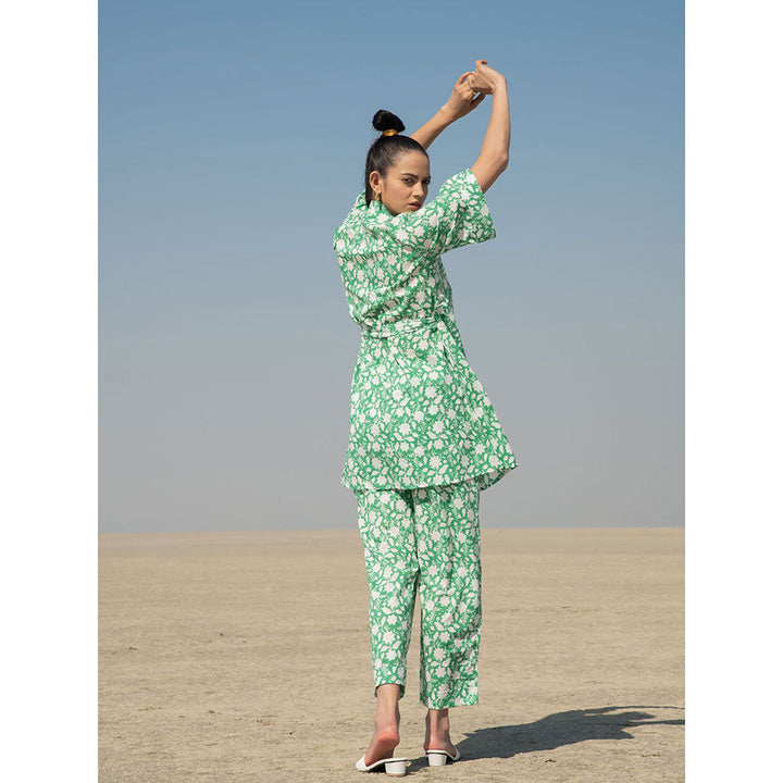 MARCHE Green Basile Hand Block Printed Cotton Kimono Style Kurta Set