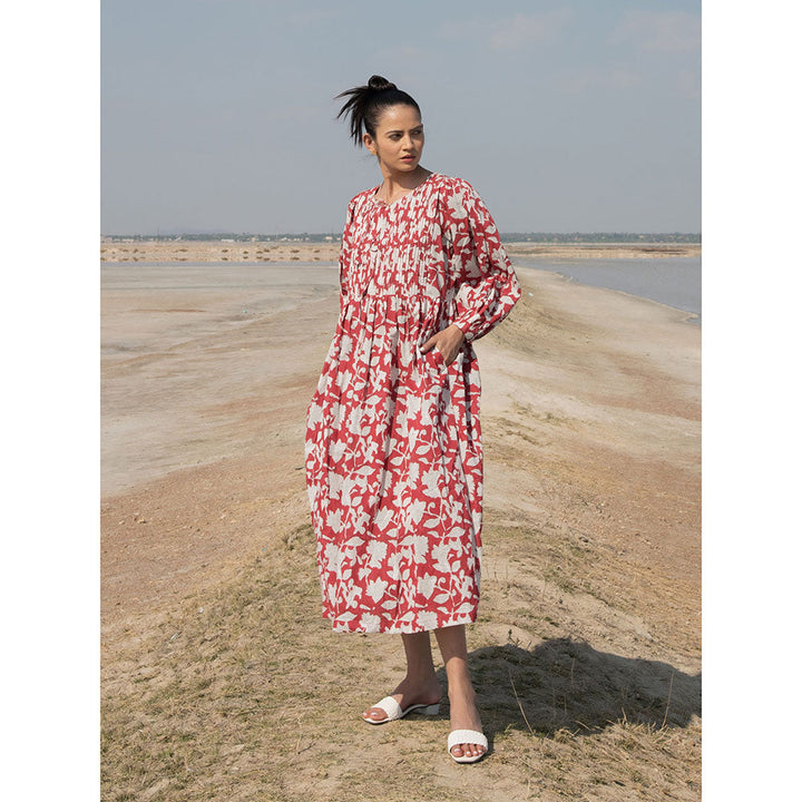 MARCHE Red Lilies Hand Block Printed Cotton Dress