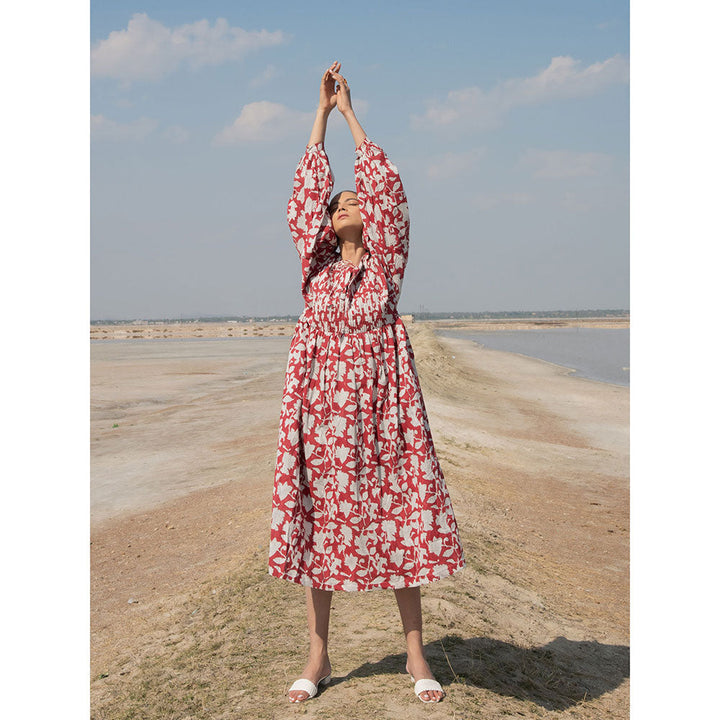 MARCHE Red Lilies Hand Block Printed Cotton Dress