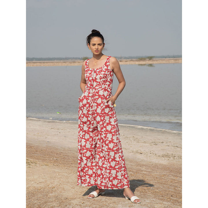 MARCHE Red Lilies Hand Block Printed Cotton Jumpsuit