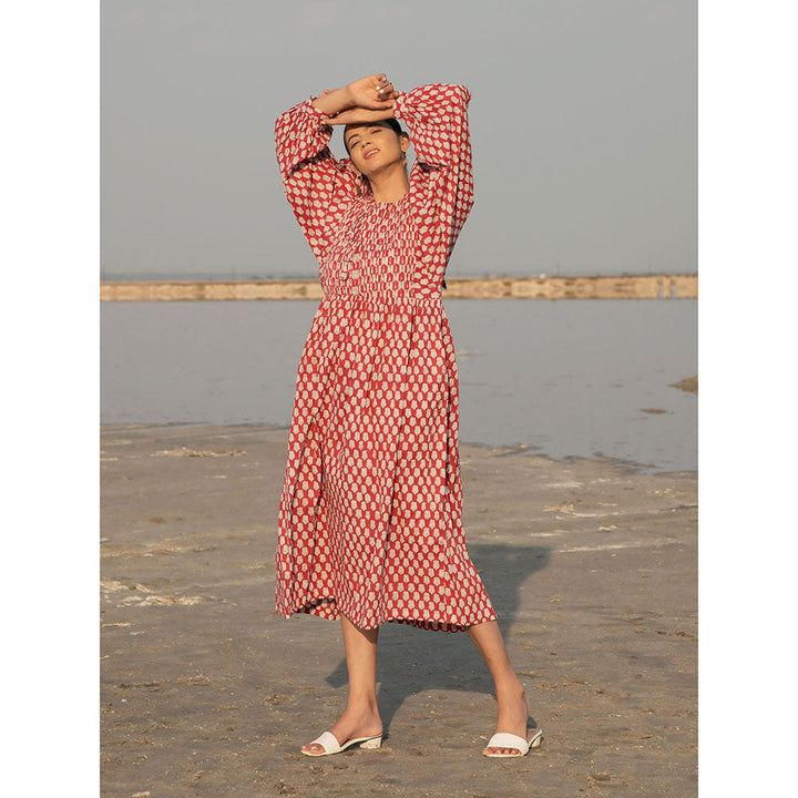 MARCHE Red Lotus Hand Block Printed Cotton Dress