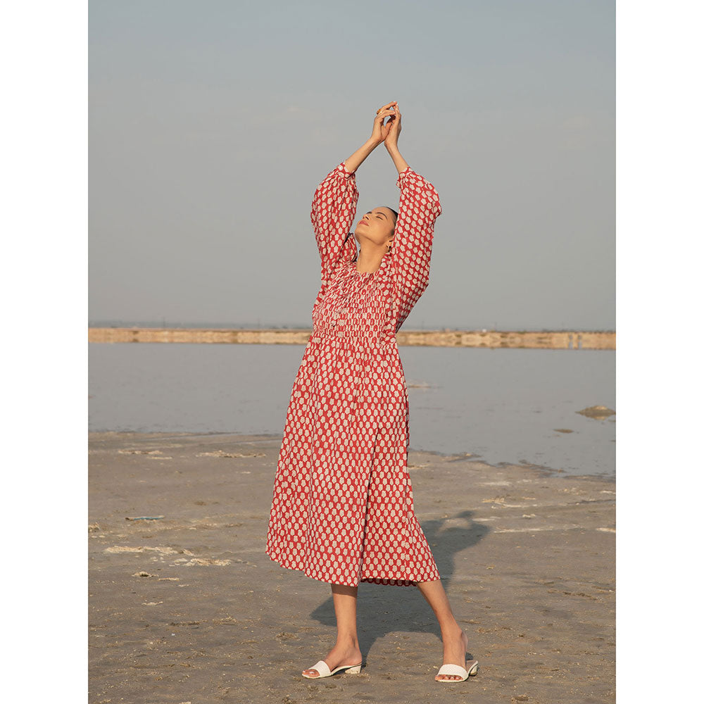 MARCHE Red Lotus Hand Block Printed Cotton Dress