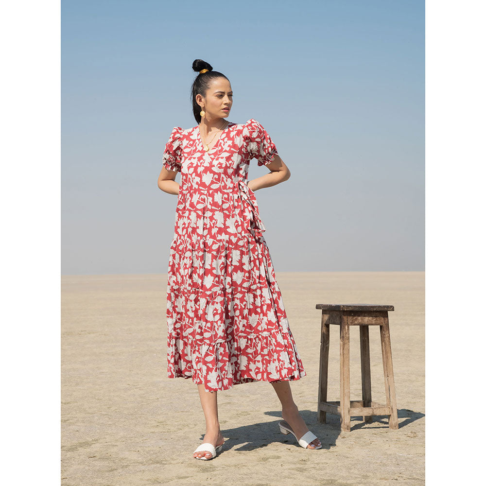 MARCHE Red Lilies Hand Block Printed Cotton Tiered Wrap Dress