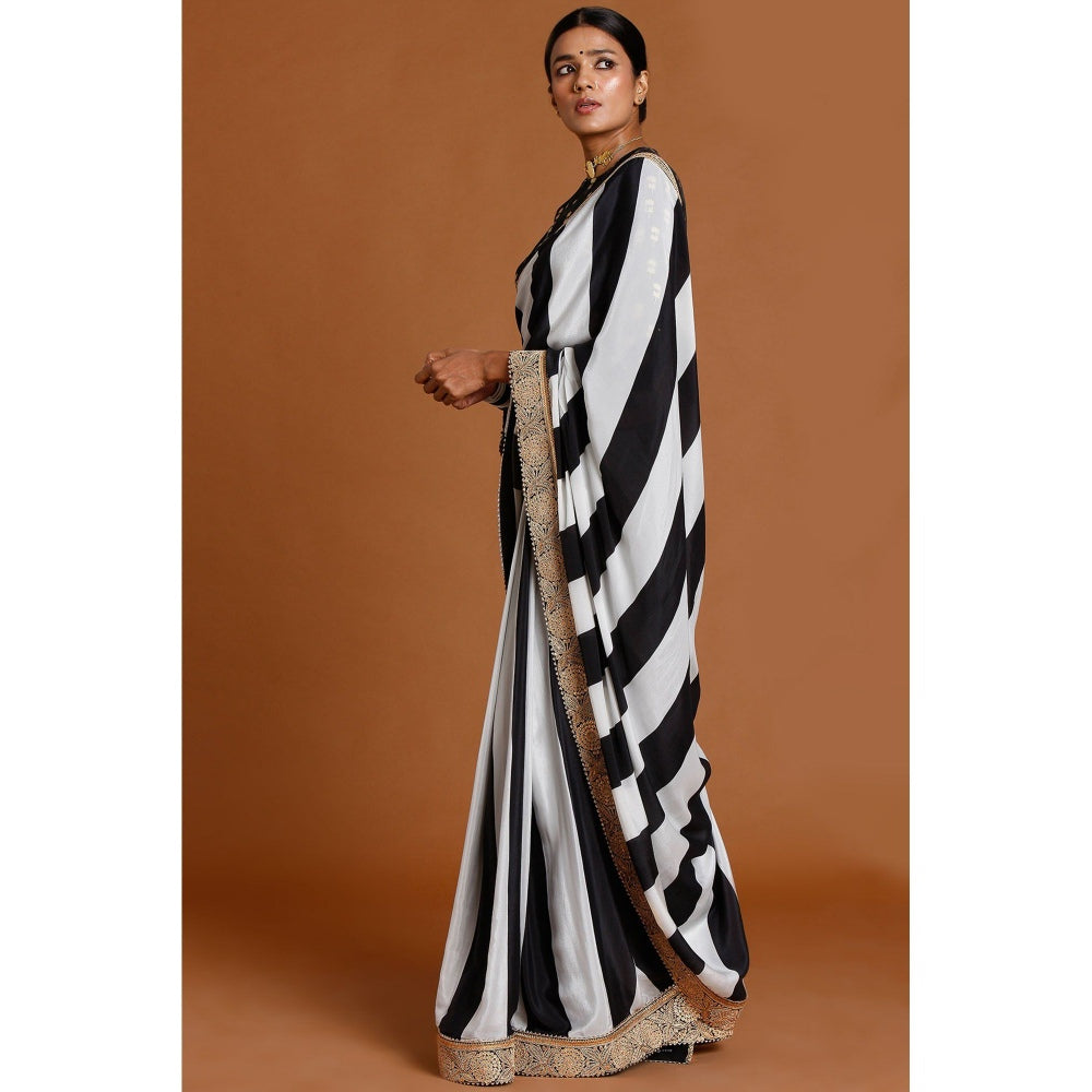 Masaba Black & Ivory Stripes Saree With Unstitched Blouse
