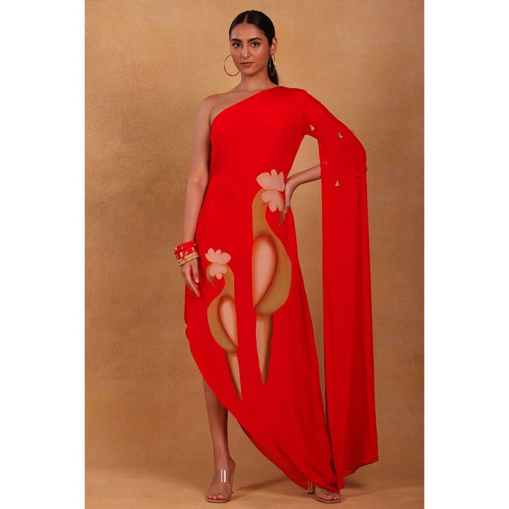 Masaba Red Feather Pop Cape Dress