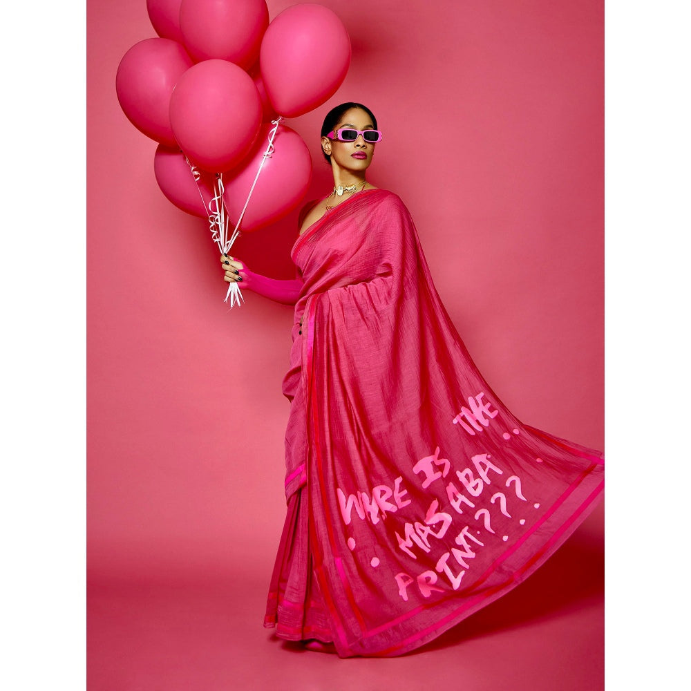Masaba Hot Pink Slogan Sportee Saree with Unstitched Blouse