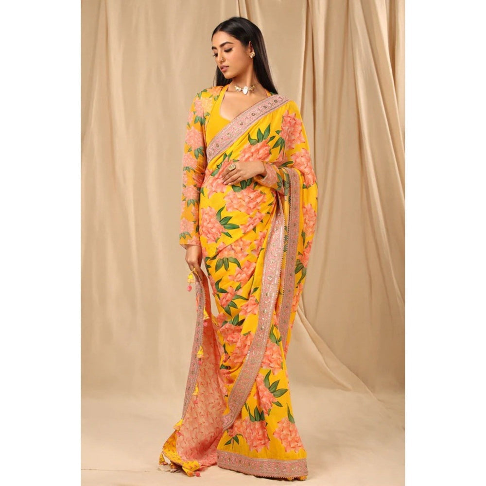 Masaba Yellow Candy Swirl Saree with Unstitched Blouse