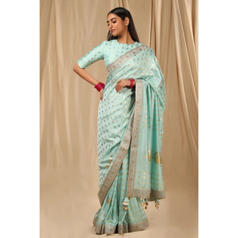 Masaba Sea Blue Lovebird in the Garden Saree with Unstitched Blouse