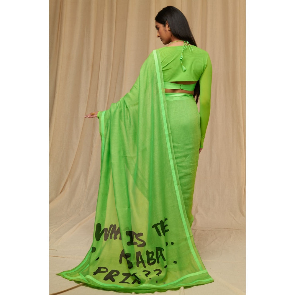 Masaba Parrot Green Slogan Sportee Saree with Unstitched Blouse