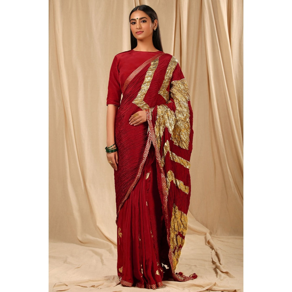 Masaba Maroon Vintage Fiona Gota Saree with Unstitched Blouse with Unstitched