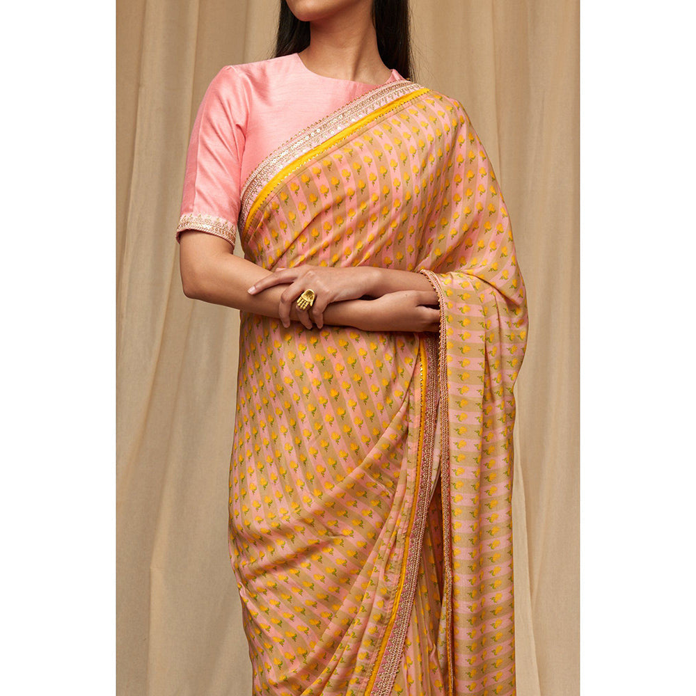 Masaba Beige Striped Wallflower Saree with Unstitched Blouse