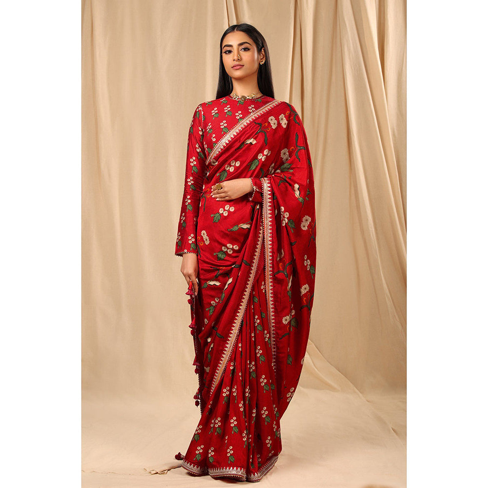 Masaba Red Spring Blossom Saree with Unstitched Blouse