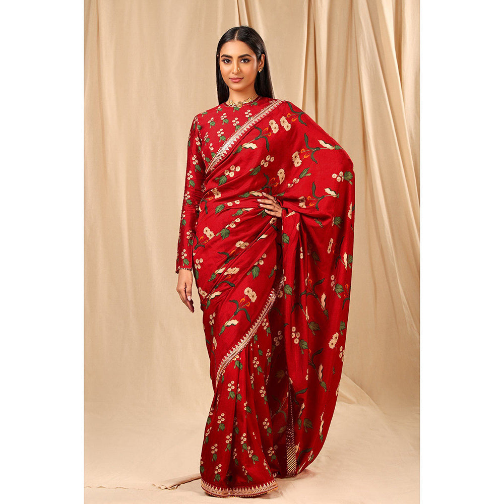 Masaba Red Spring Blossom Saree with Unstitched Blouse