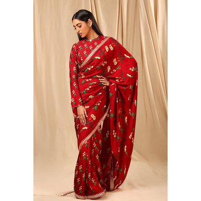 Masaba Red Spring Blossom Saree with Unstitched Blouse