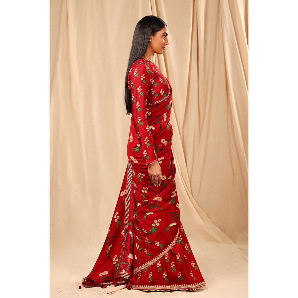 Masaba Red Spring Blossom Saree with Unstitched Blouse