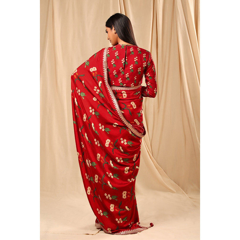 Masaba Red Spring Blossom Saree with Unstitched Blouse