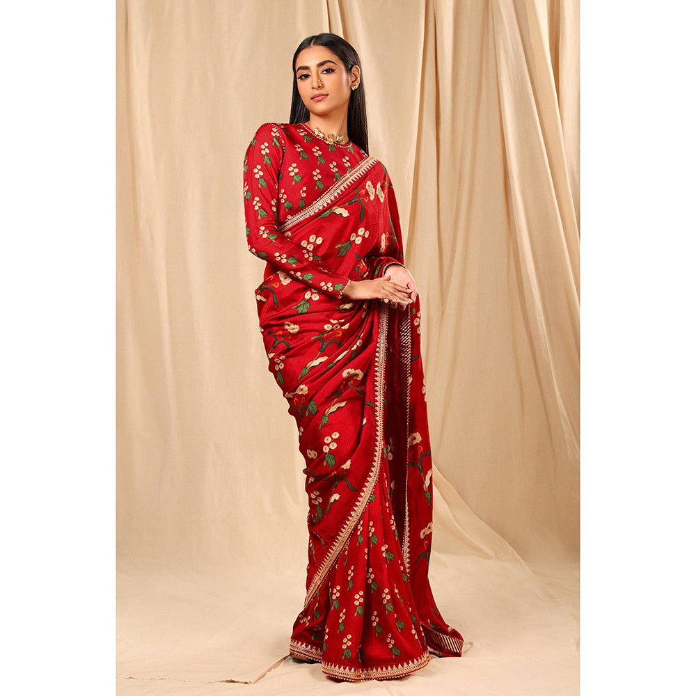 Masaba Red Spring Blossom Saree with Unstitched Blouse