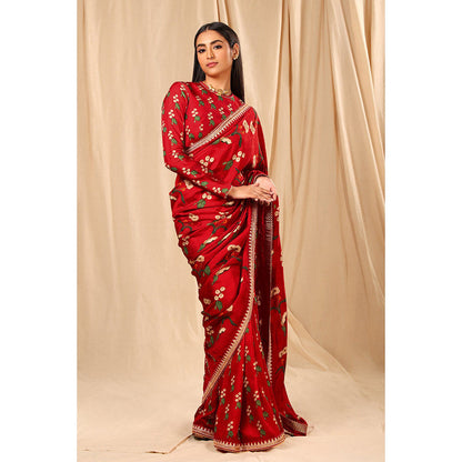 Masaba Red Spring Blossom Saree with Unstitched Blouse