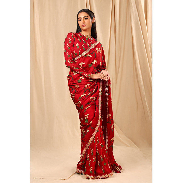 Masaba Red Spring Blossom Saree with Unstitched Blouse