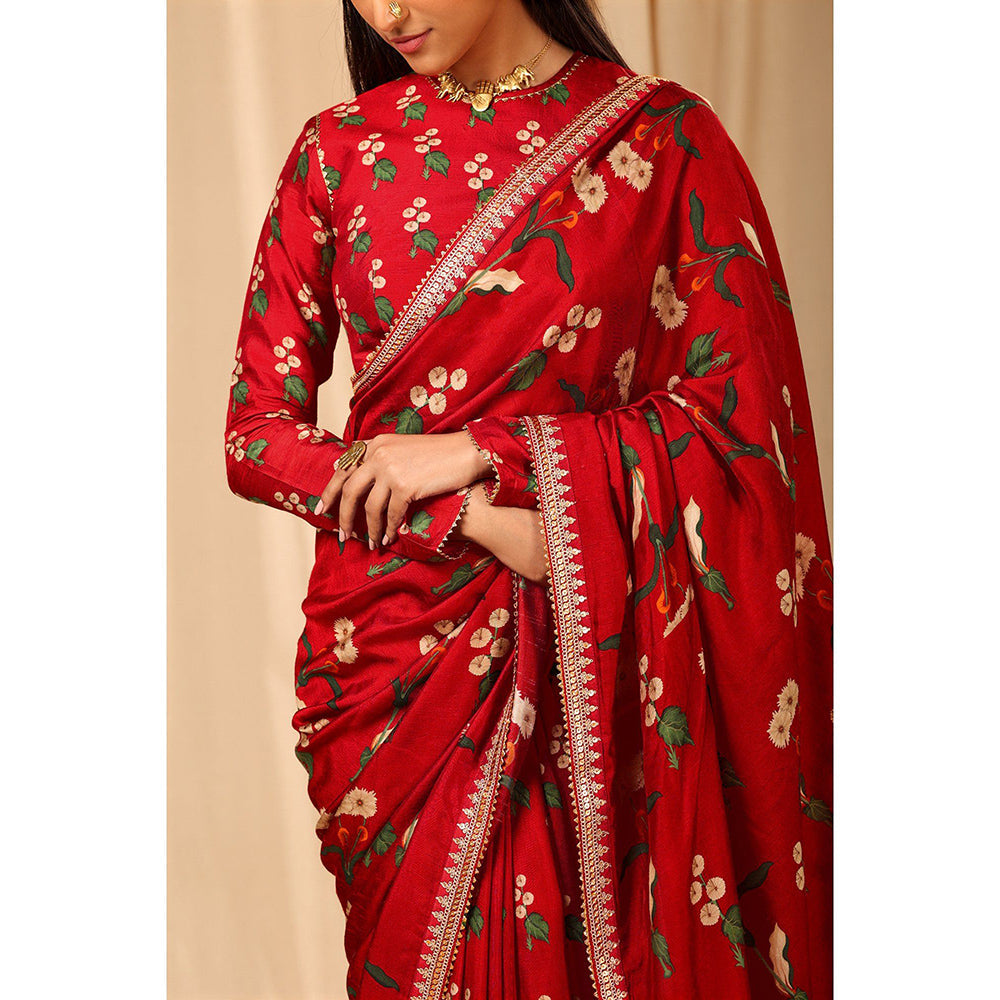 Masaba Red Spring Blossom Saree with Unstitched Blouse