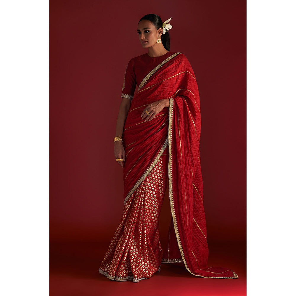 Masaba Red Crushed Honeycomb Saree with Unstitched Blouse