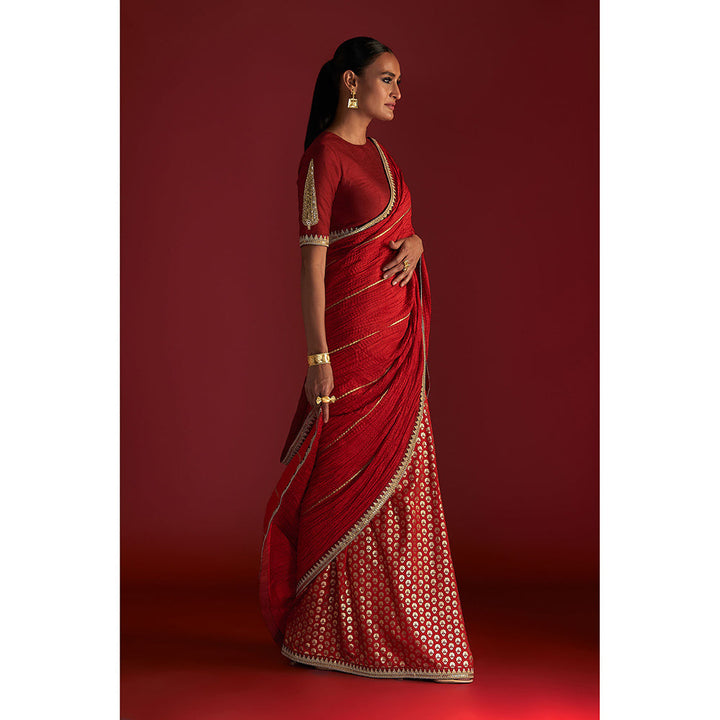 Masaba Red Crushed Honeycomb Saree with Unstitched Blouse