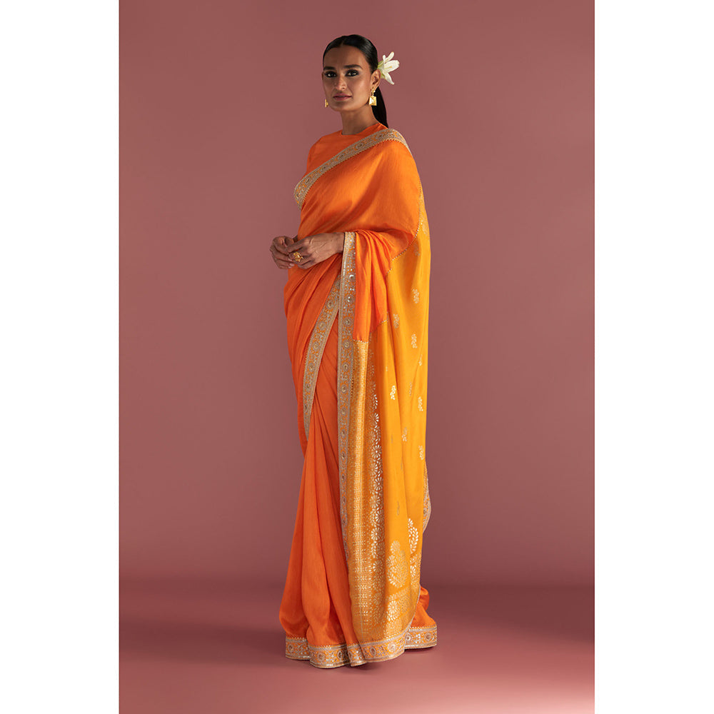 Masaba Orange Colour-Block Brocade Saree with Unstitched Blouse