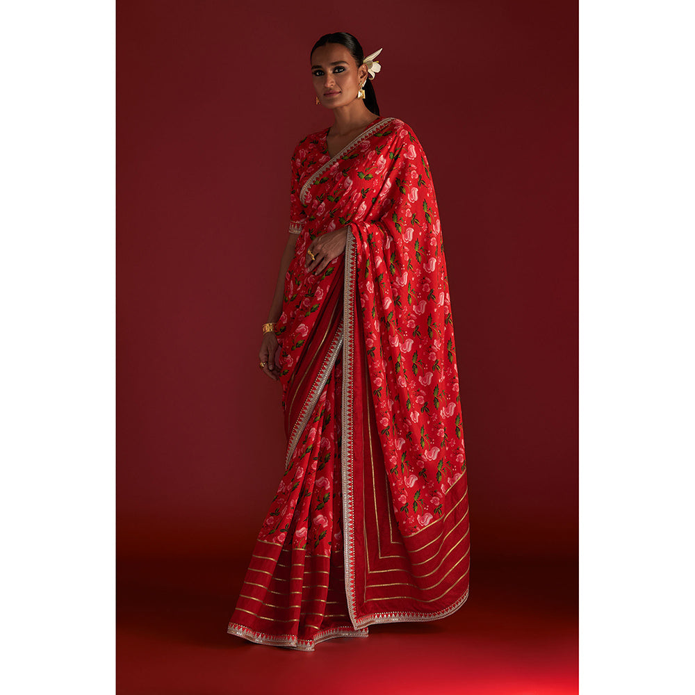 Masaba Red Rain Lily Saree with Unstitched Blouse