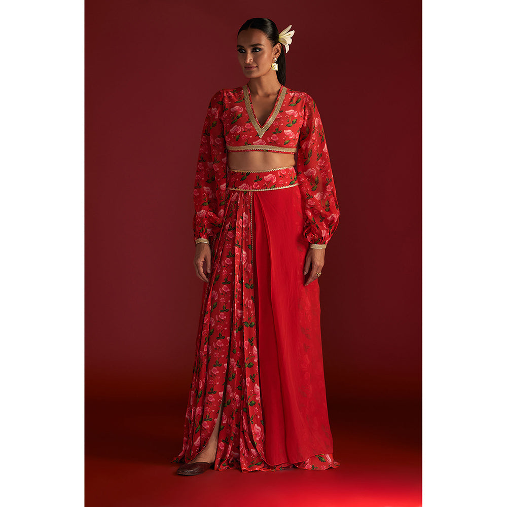 Masaba Red Rain Lily Layered Skirt (Set of 2)