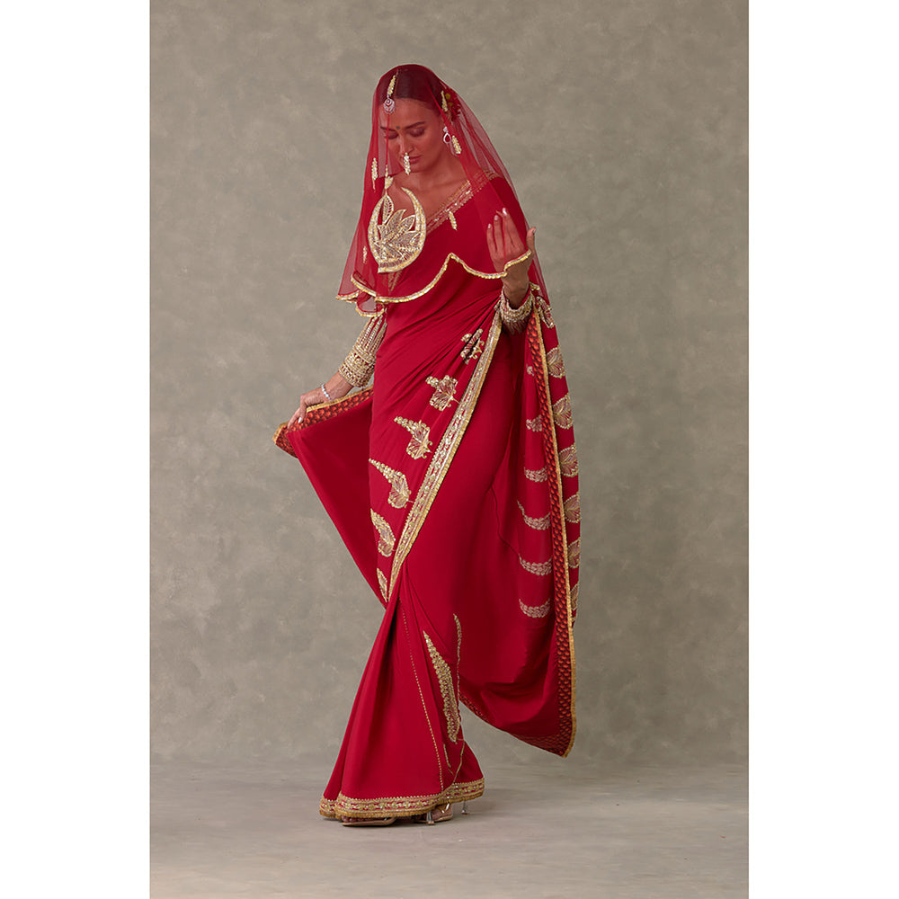 Masaba Red Son-Patti Saree with Unstitched Blouse & Veil
