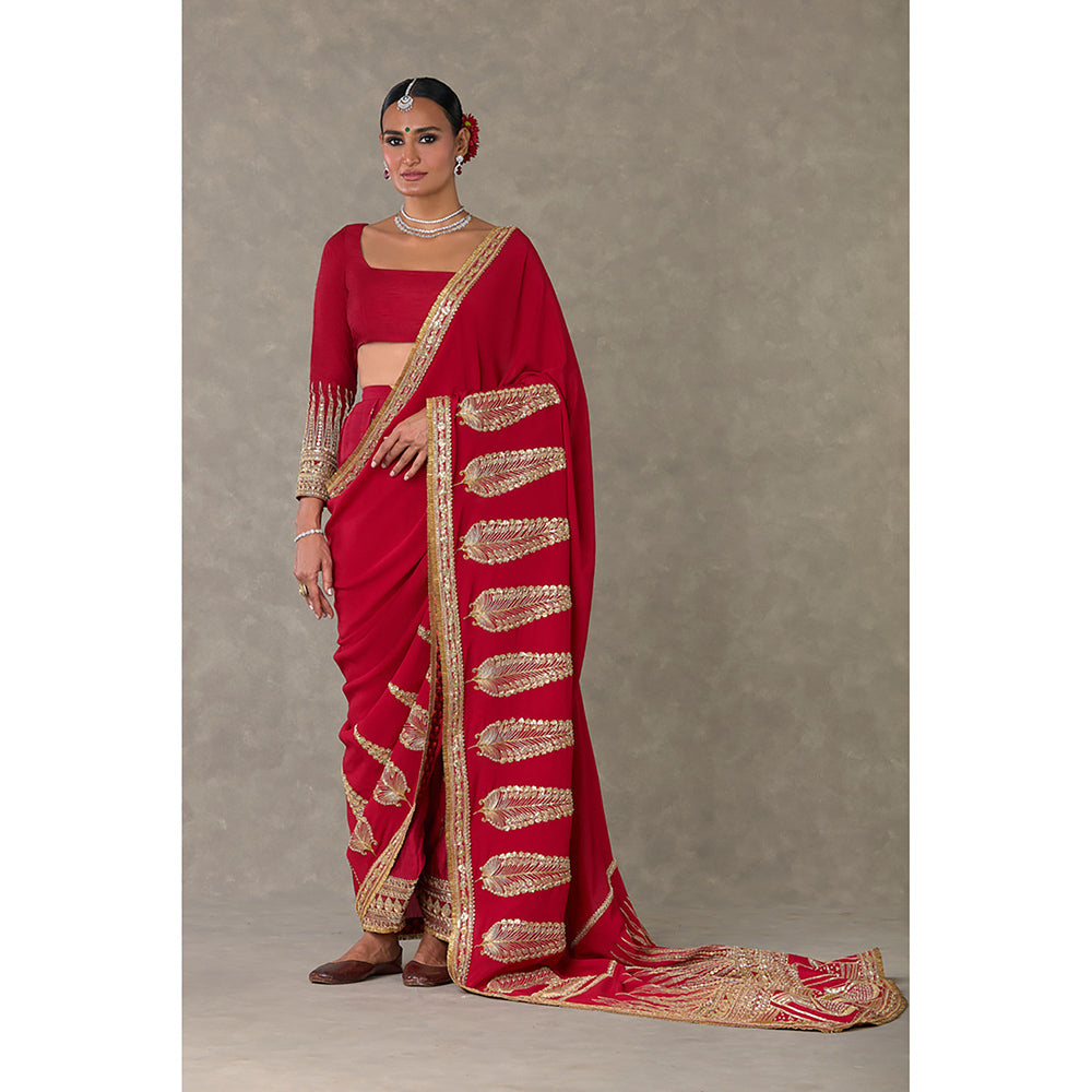 Masaba Red Son-Patti Pre-Draped Saree with Unstitched Blouse Piece & Salwar