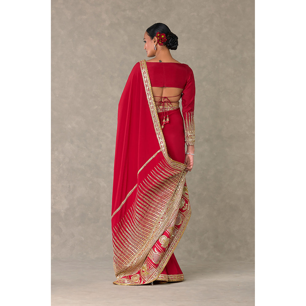 Masaba Red Son-Patti Pre-Draped Saree with Unstitched Blouse Piece & Salwar