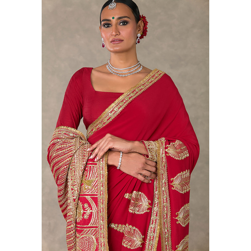 Masaba Red Son-Patti Pre-Draped Saree with Unstitched Blouse Piece & Salwar