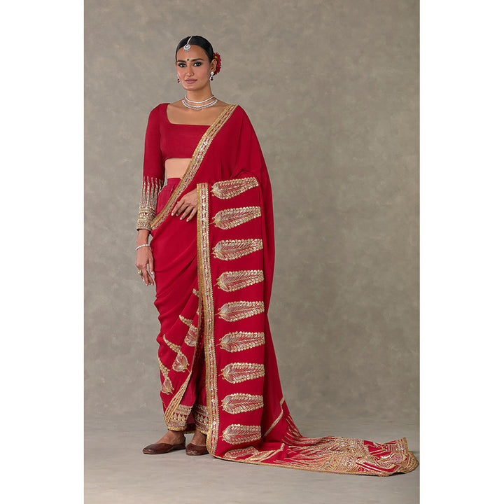 Masaba Red Son-Patti Pre-Draped Saree with Unstitched Blouse & Salwar & Veil