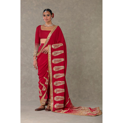 Masaba Red Son-Patti Pre-Draped Saree with Unstitched Blouse & Salwar & Veil