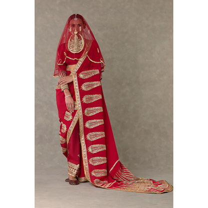 Masaba Red Son-Patti Pre-Draped Saree with Unstitched Blouse & Salwar & Veil