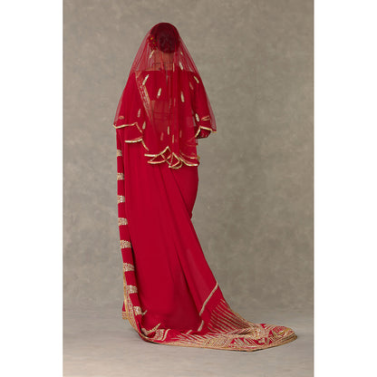 Masaba Red Son-Patti Pre-Draped Saree with Unstitched Blouse & Salwar & Veil