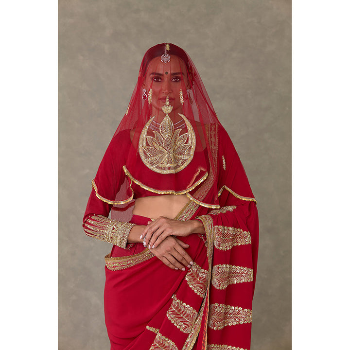 Masaba Red Son-Patti Pre-Draped Saree with Unstitched Blouse & Salwar & Veil
