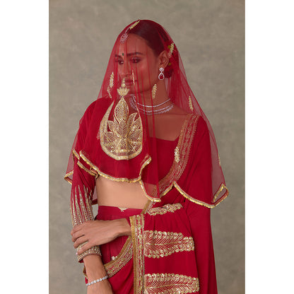 Masaba Red Son-Patti Pre-Draped Saree with Unstitched Blouse & Salwar & Veil