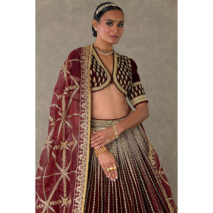 Masaba Wine Dil-Chidiya Lehenga Choli with Dupatta & Can Can Skirt (Set of 4)