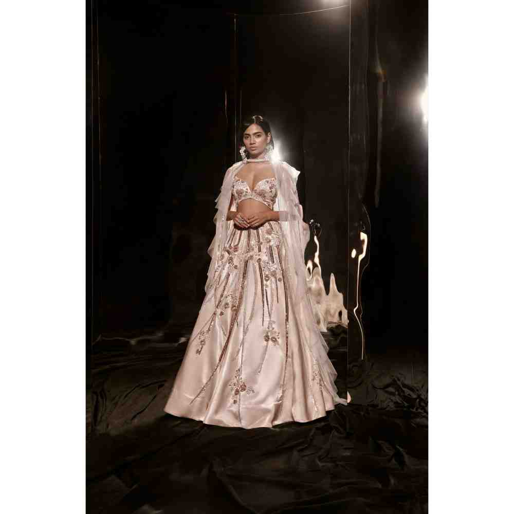Masumi Mewawalla Nude Embroidered Lehenga with Blouse and Ruffle Cape (Set of 3)