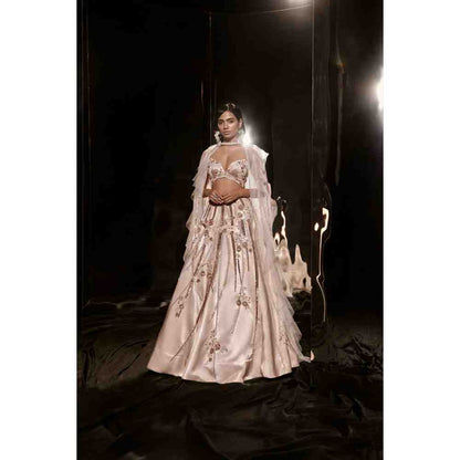 Masumi Mewawalla Nude Embroidered Lehenga with Blouse and Ruffle Cape (Set of 3)