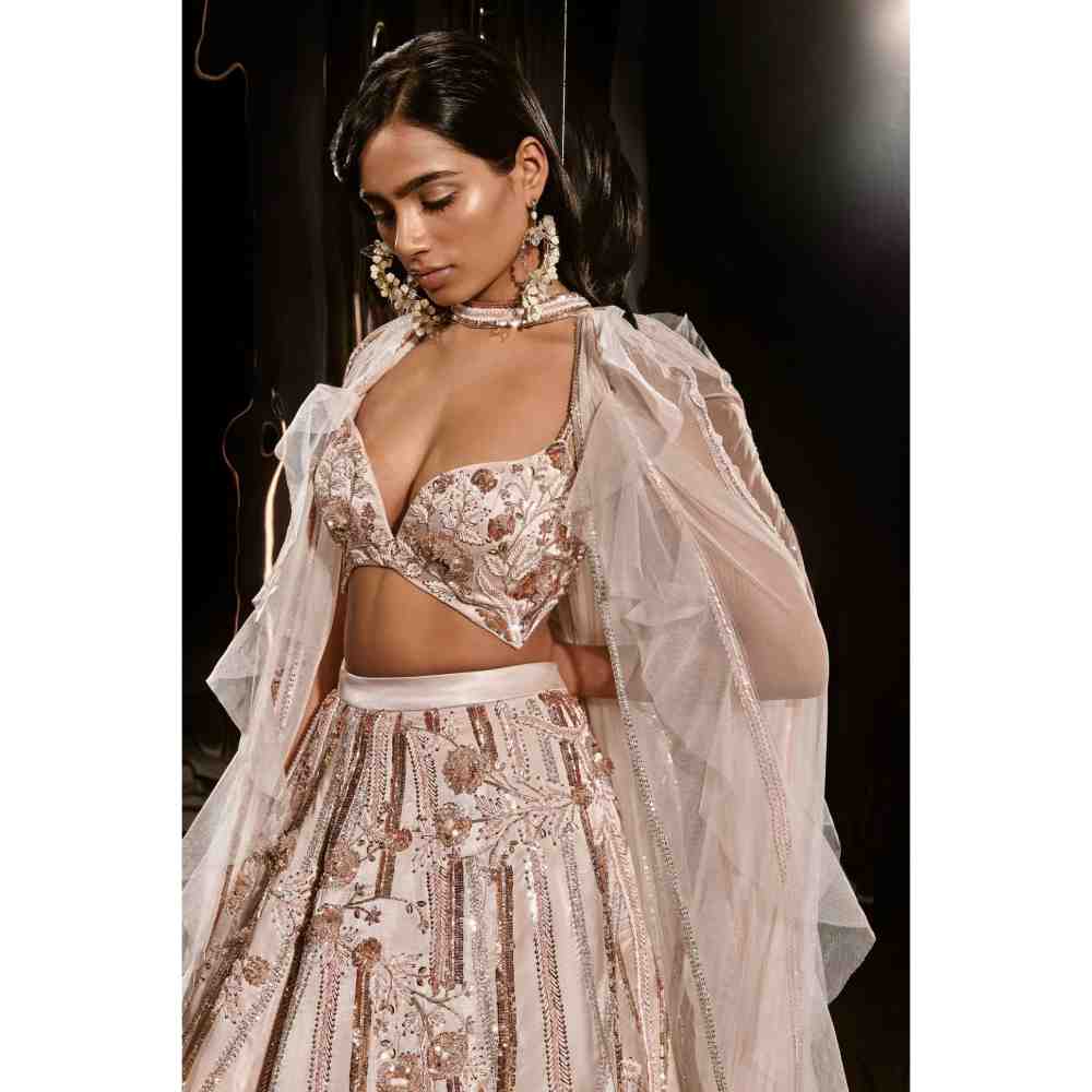 Masumi Mewawalla Nude Embroidered Lehenga with Blouse and Ruffle Cape (Set of 3)