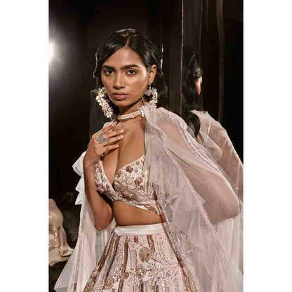 Masumi Mewawalla Nude Embroidered Lehenga with Blouse and Ruffle Cape (Set of 3)