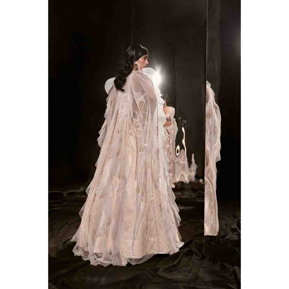 Masumi Mewawalla Nude Embroidered Lehenga with Blouse and Ruffle Cape (Set of 3)