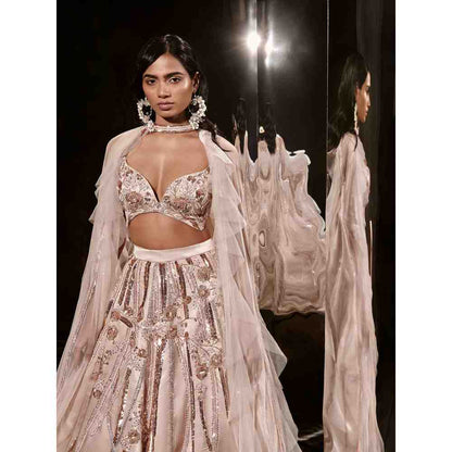 Masumi Mewawalla Nude Embroidered Lehenga with Blouse and Ruffle Cape (Set of 3)